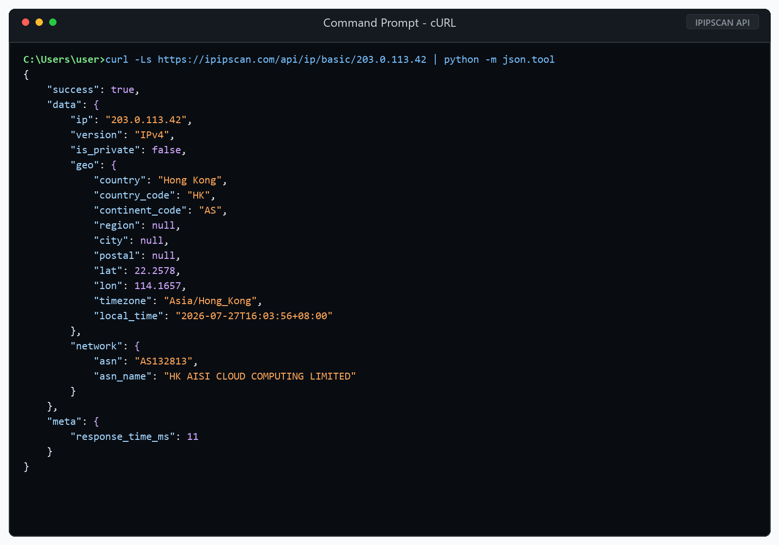 Example terminal output from a cURL IP lookup